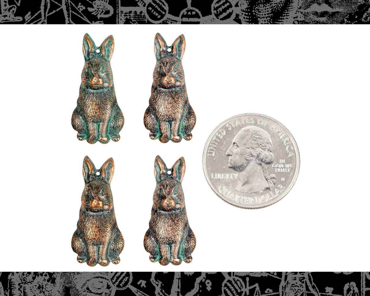 Verdigris Finished Brass Sitting Wild Rabbit Charms - Set of Four - V-C226